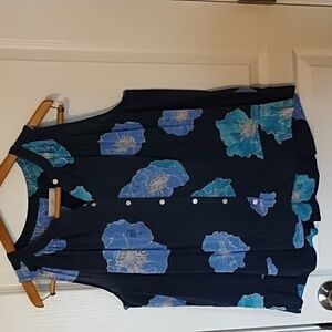 Ann Taylor Loft Blouse Women's Size Large Sleeveless Floral Buttons Blue White